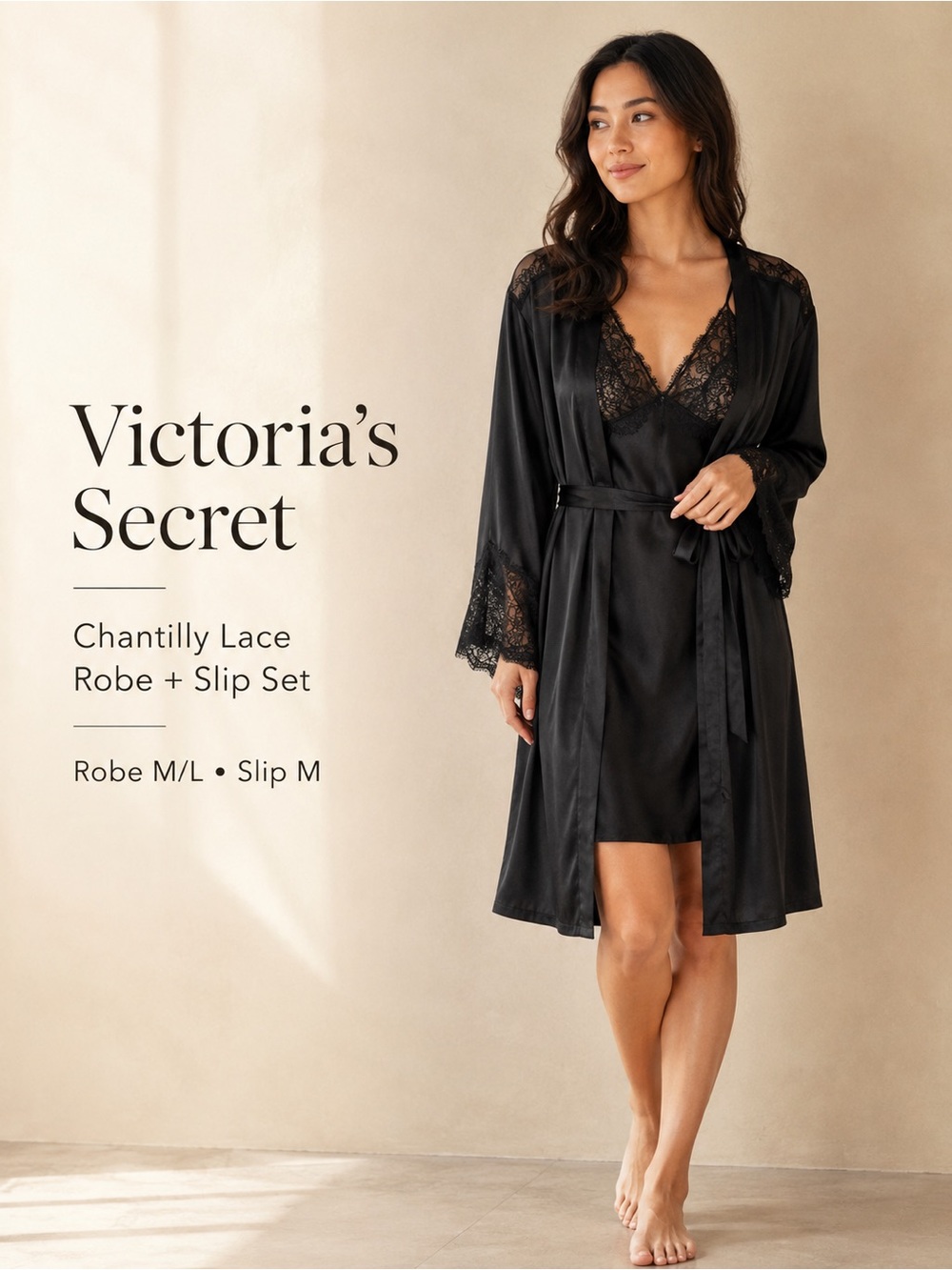 Victoria’s Secret Black Satin Chantilly Lace Robe + Slip Set M/L